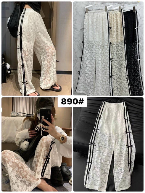 Women Stylish Mesh Lace Track Pant With Bow Decor